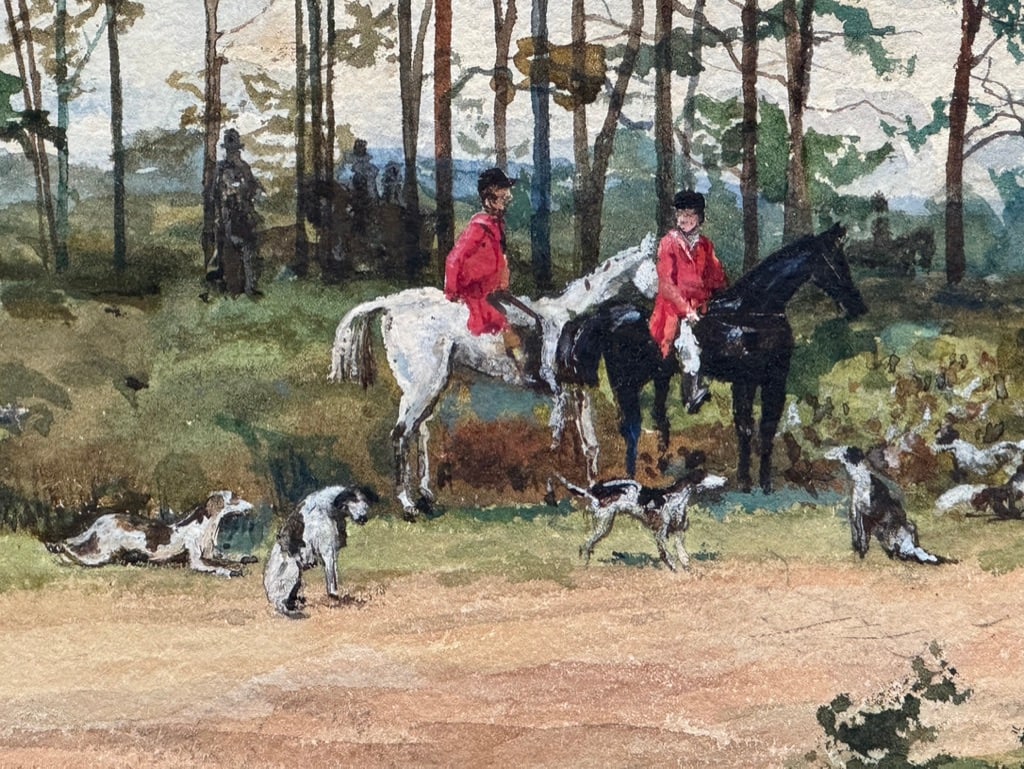 Addison 19th Century British School Realist Watercolor Hunting Scene Horses & Dogs in Landscape: Watercolor adhered to a board of a fox hunting scene on a bright day in landscape. Signed W S Addison and dated 1882 on the LL. Realist, British School. About 21 by 31".
