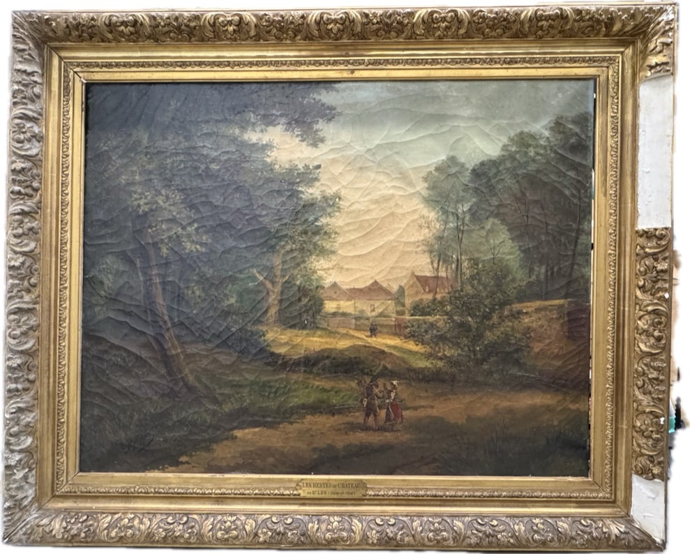 C Metzger Antique Early 19th Century French Oil Landscape With Figures Seine-et-Oise: A 19th century French landscape with figures signed on the LL by C Metzger. The plaque which is affixed to the frame titles this oil on canvas 'Les Restes du Chateau de St. Leu (Seine-et-Oise)'. The s
