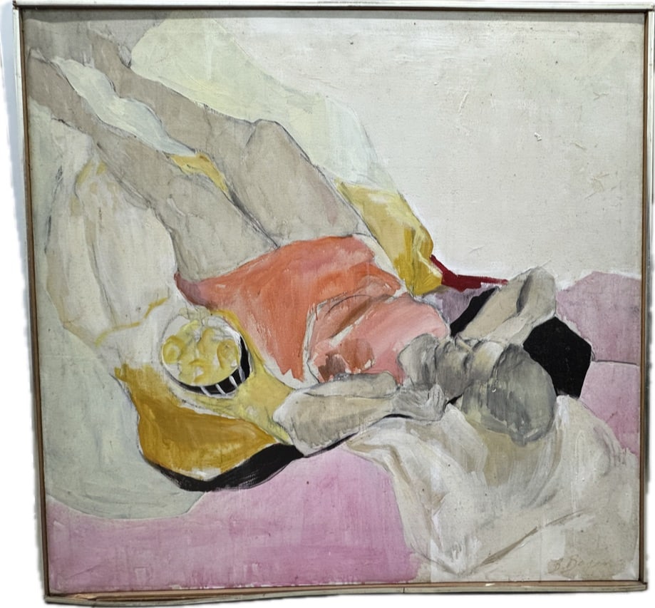 1970's American Beverly Bogen Figurative Impressionist Oil Reclining Woman: An impressionist 1970's oil on canvas of a reclining woman in a red dress. Signed B Bogen on the LR. Measures approximately 40 by 42".