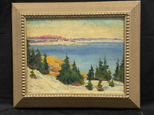 An Early 20th Century North American / Canadian Impressionist Winter Landscape With Spruce Trees: An enchanting early 20th century oil on board featuring a winter landscape, of a white slope with Spruce tree and a calm cove. Nice brush strokes with heavy paint application. Signed on the LR. Approx