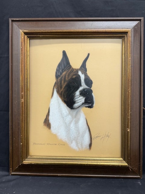 An American Mid Century Pastel Drawing Portrait Of A Boxer Dog Florida Artist Hickey: A pastel portrait of a boxer by Robert Hickey (American 20th century). Signed center right and stamped verso. Titled on the left side. Set under no glare glass.Site is approximately 16 by 20", and in
