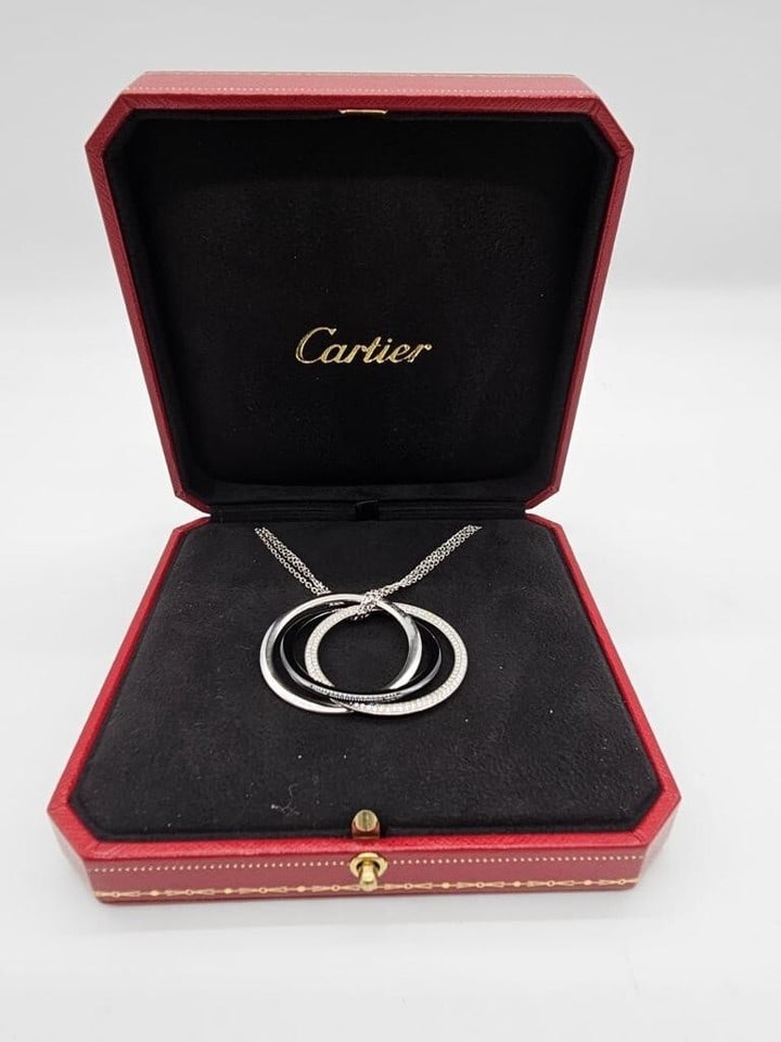 Cartier Trinity Diamond Necklace "LARGE" 18k WHITE GOLD & CERAMIC: Cartier Trinity Diamond Necklace "LARGE" 18k WHITE GOLD & CERAMICGENTLY PREOWNED AND IN MINT CONDITION, Cartier Trinity Diamond Necklace "LARGE"18K WHITE GOLD AND CERAMIC Cartier Trinity Pendant Neckl