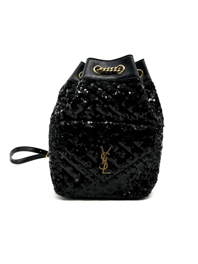 Saint Laurent Joe Backpack Sequin Leather: Saint Laurent Joe Backpack Sequin LeatherYSL Sequin Satin Chain Backpack in the color Nero, also known as Black.Chevron sequin pattern with core pieces in lamb skin leather.Features gold metal YSL log