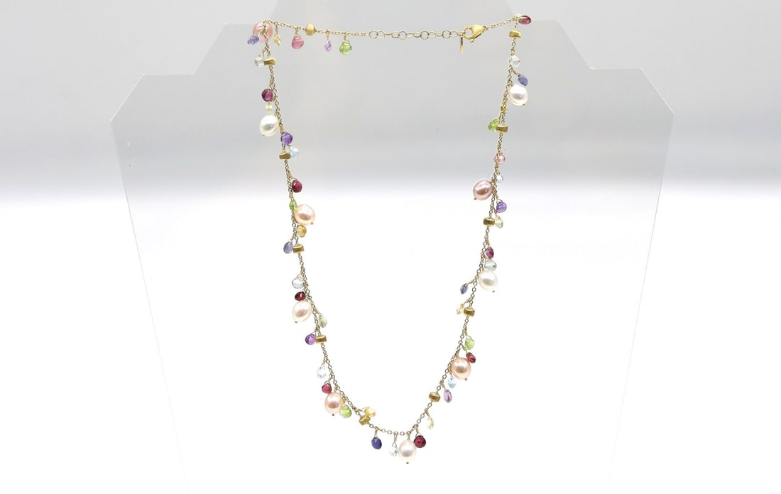 Marco Bicego "Paradise" 18kt Gold Necklace: Marco Bicego "Paradise" 18kt Gold NecklaceThis is a gently preowned Marco Bicego "Paradise" 18K Yellow Gold Single-Strand Gemstone Necklace With Freshwater Pearls.This necklace is a combination of hea