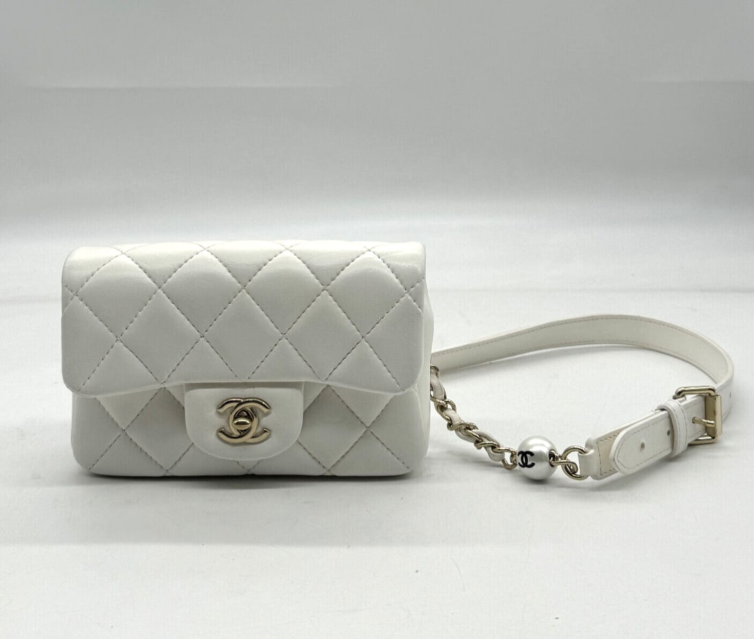 Chanel Lambskin Quilted Mini My Precious Waist Bag White: Chanel Lambskin Quilted Mini My Precious Waist Bag WhiteThis is an authentic CHANEL Lambskin Quilted Mini My Precious Waist Bag in White. This petite belt bag is crafted of diamond-quilted lambskin le
