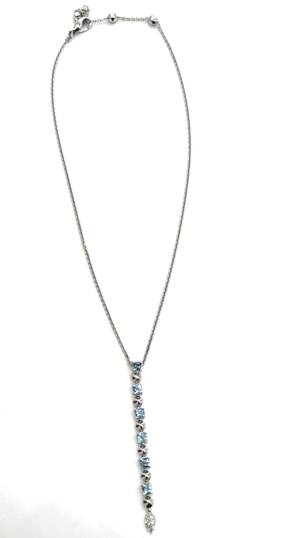 Bvlgari LUCEA Necklace 2.10ct Aquamarine Diamond 18k Gold Pendant Chain: From the LUCIA collection by Bvlgari, this stunning authentic necklace is crafted from 18k white gold with a polished finish featuring a long dangle pendant with 6 square shape frame set with aquamari