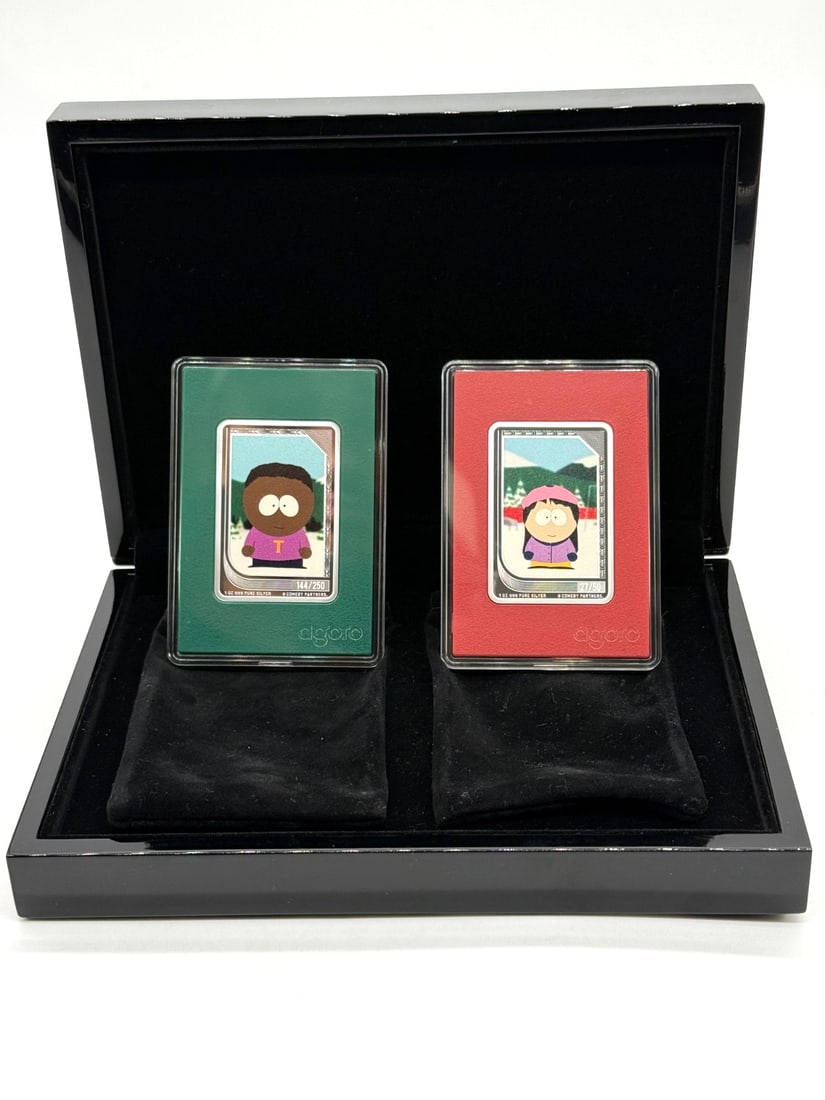 2025 South Park Trading Coins 2pc Set in Sealed Box By Agoro Officially Licensed: The 2025 South Park Trading Coins 2pc Set in Sealed Box by Agoro is a collectible set of silver coins minted by New Zealand Mint. This officially licensed product features a unique design inspired by