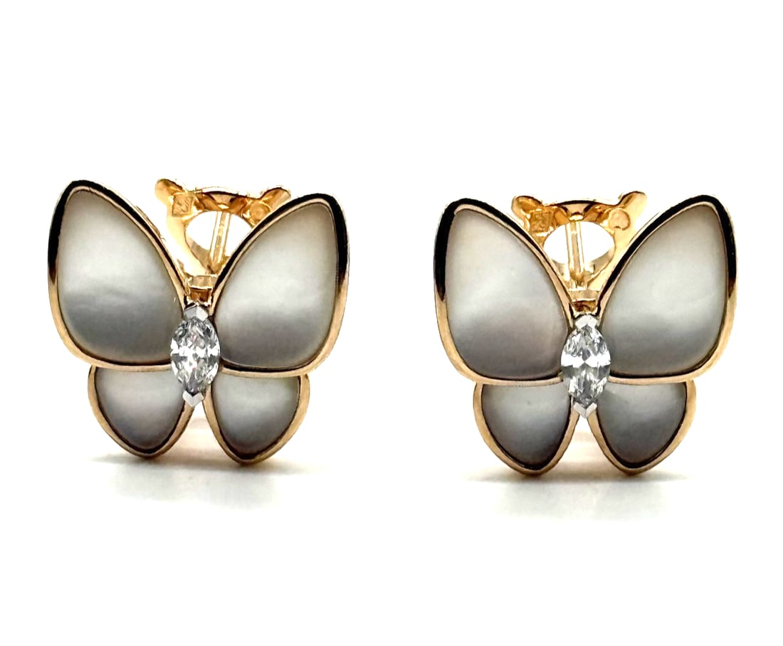 Van Cleef & Arpels 18k Rose Gold Diamond MoP Two Butterfly Earrings: The Van Cleef & Arpels 18k Rose Gold Diamond MoP Two Butterfly Earrings feature two natural white diamonds in excellent cut grade, set in 18k rose gold with mother of pearl accents. This huggie style