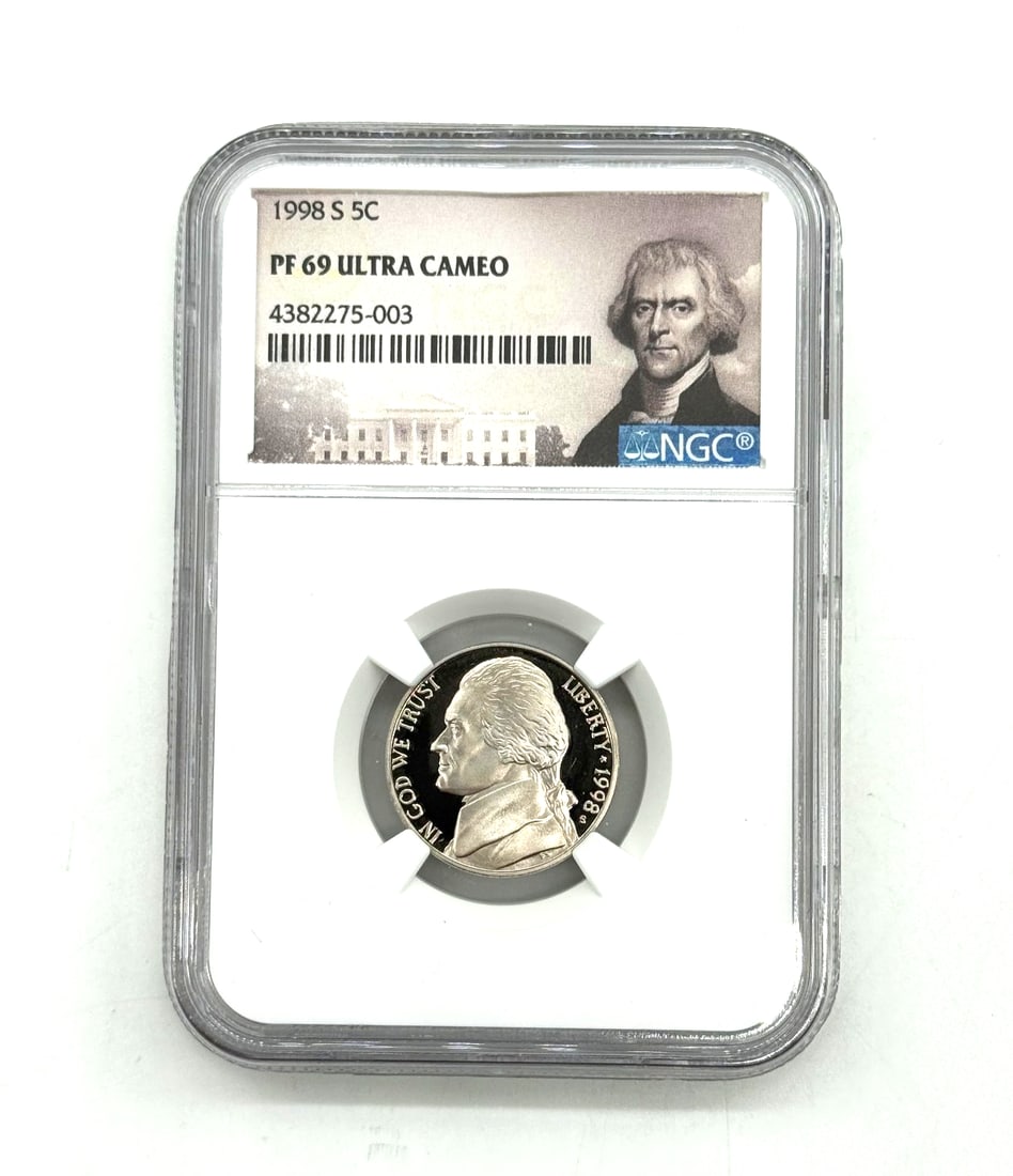 PF69 UCam 1998-S Jefferson Nickel NGC Special Label: The PF69 UCam 1998-S Jefferson Nickel is a highly sought-after coin graded PR 69 by NGC. This United States coin has a denomination of 5 cents and is made of copper. The special label from NGC adds va