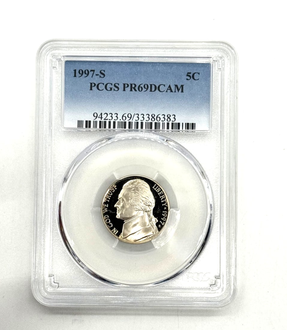 1997-S 5c Jefferson Proof Nickel-PCGS PR69DCAM: The product is a 1997-S 5c Jefferson Proof Nickel graded as PR69DCAM by PCGS. This coin features a copper composition and was struck as a proof coin in the United States. The coin bears the image of P