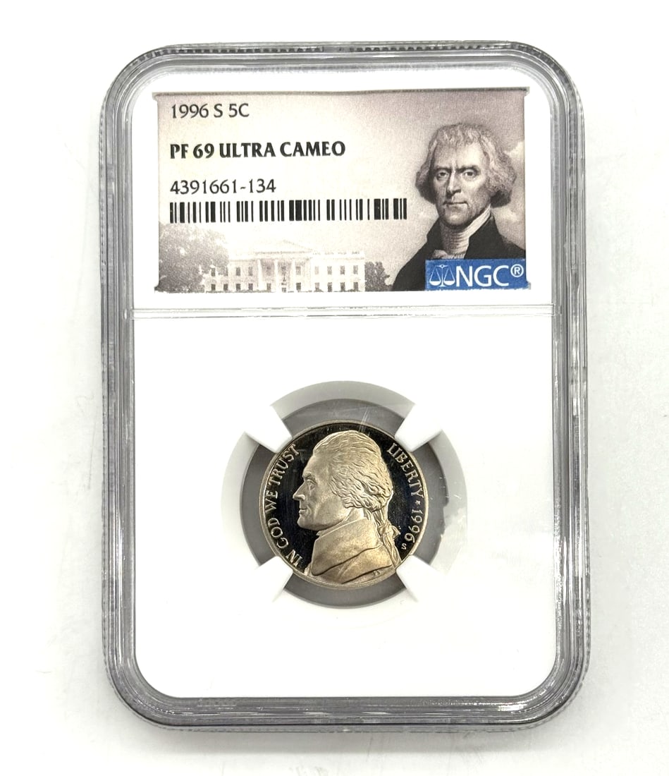 1996-S Jefferson Nickel, Proof, graded PF 69 Ultra Cameo by NGC: The 1996-S Jefferson Nickel is a stunning coin struck in proof condition and graded as PR 69 Ultra Cameo by NGC. This United States coin features a beautiful design of President Jefferson on the obver