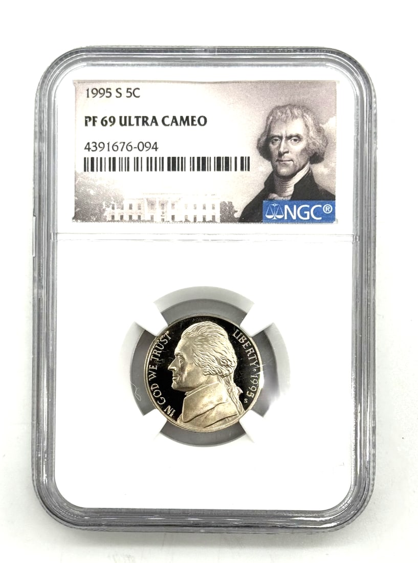 1995-S Jefferson Nickel - Proof, PF 69 Ultra Cameo, graded by NGC: The 1995-S Jefferson Nickel in Proof (PF 69 Ultra Cameo) grade, certified by NGC, is a highly collectible coin featuring the image of President Thomas Jefferson on the obverse. Made of copper and mint