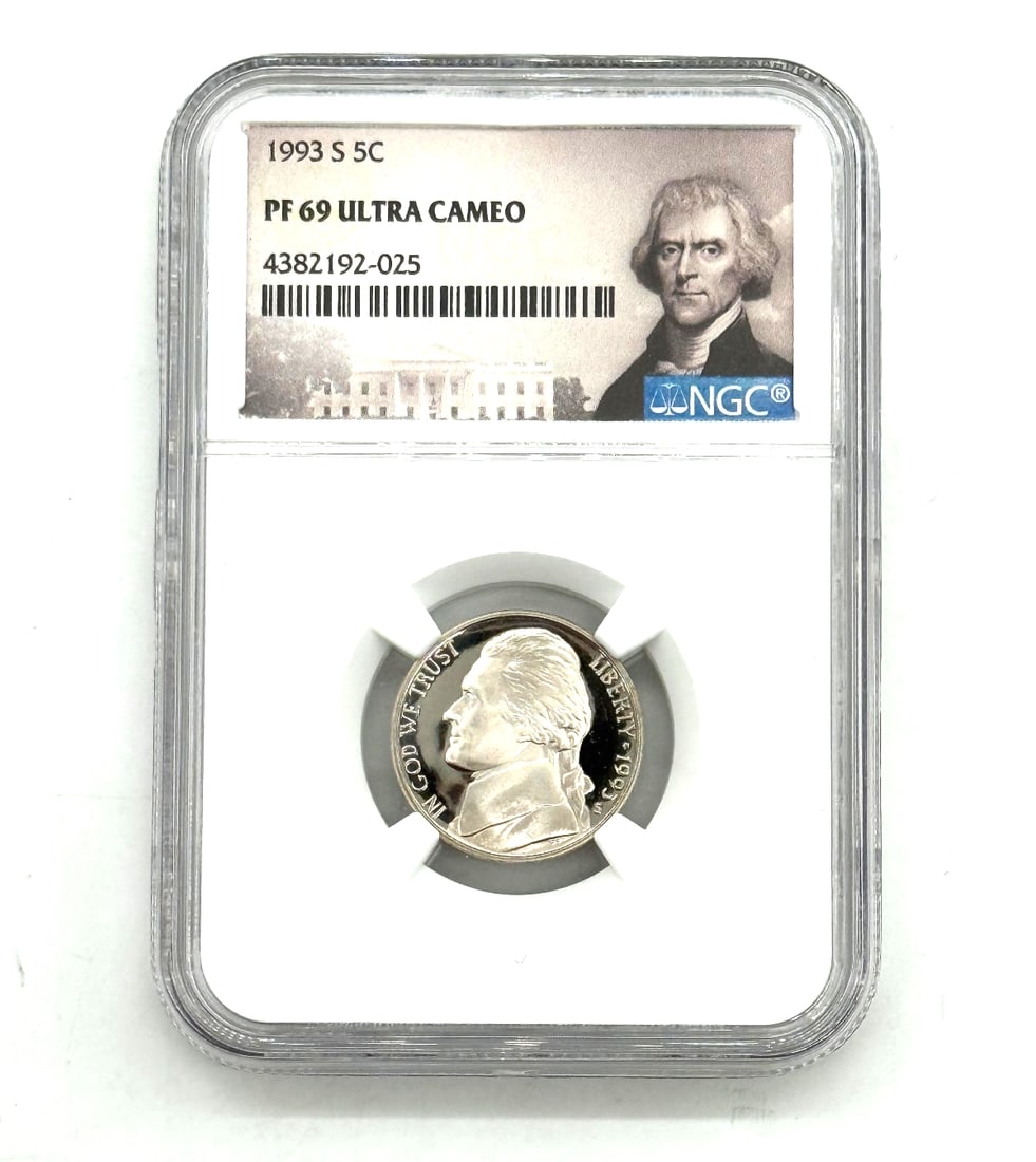 1993-S Jefferson Nickel - Proof, PF 69 Ultra Cameo, graded by NGC: The 1993-S Jefferson Nickel in Proof 69 Ultra Cameo grade, certified by NGC, is a highly sought-after coin among collectors. This coin features the iconic portrait of President Thomas Jefferson on the