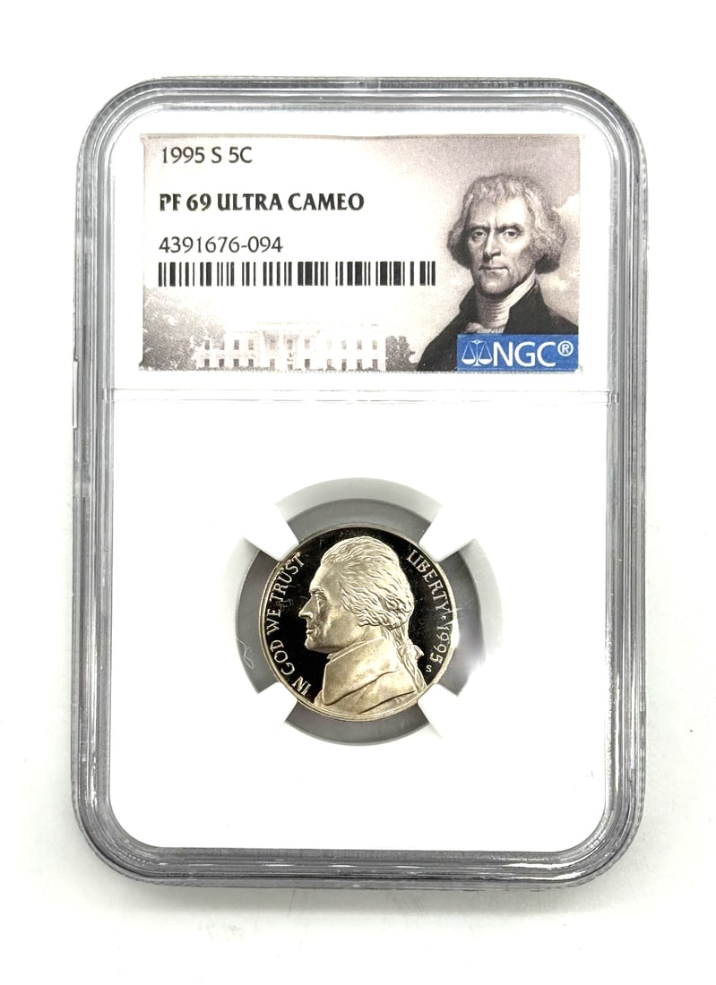 1994-S Jefferson Nickel - Proof, PF 69 Ultra Cameo, graded by NGC: The product is a 1994-S Jefferson Nickel in proof condition, with a grade of PR 69 Ultra Cameo, certified by NGC. This coin, minted in the United States, features a denomination of 5 cents and showcas