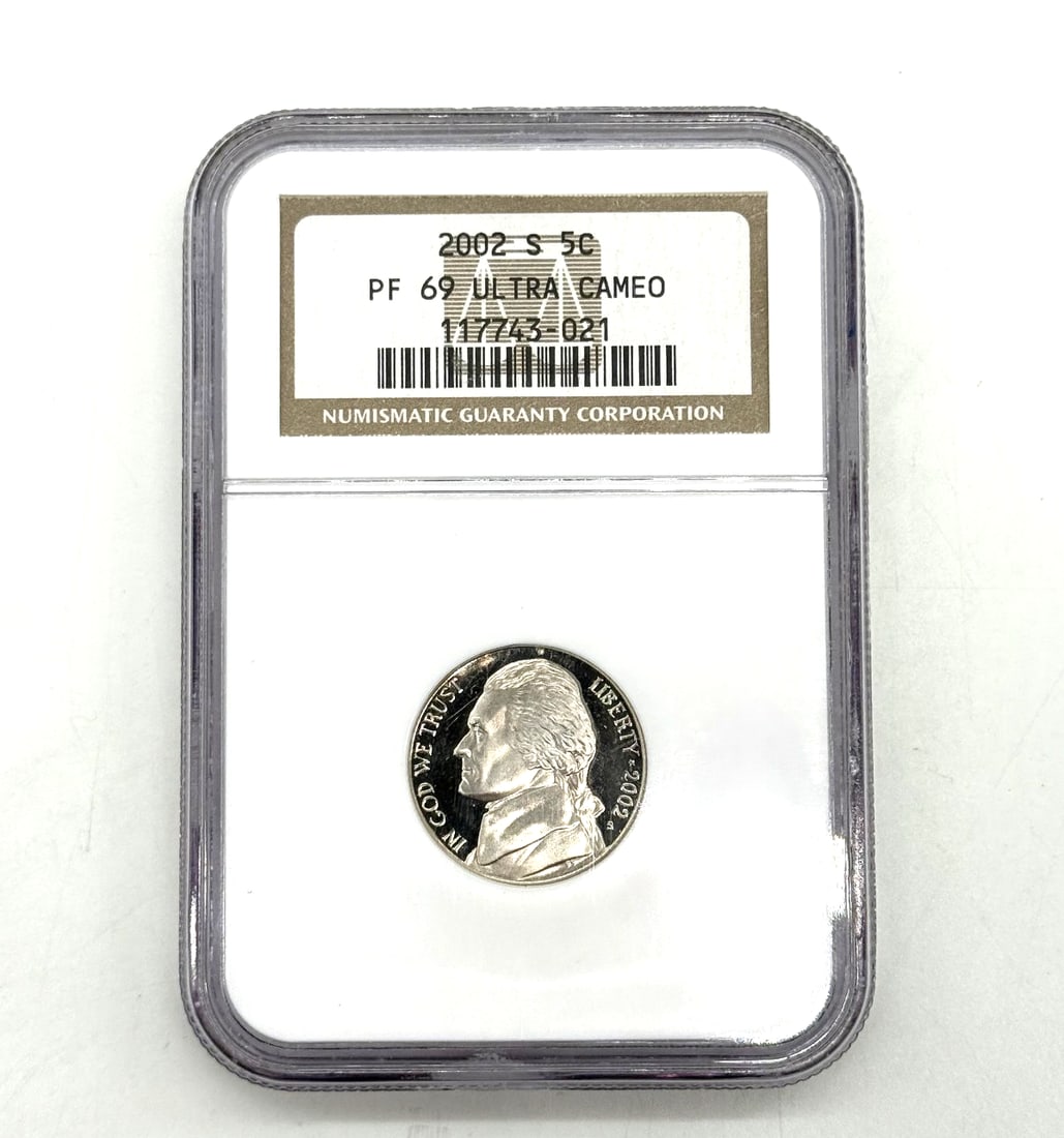 2002-S Proof 5c Jefferson Nickel- PF69 Ultra Cameo-NGC Brown Label: The product is a 2002-S Proof 5c Jefferson Nickel graded as PR69 Ultra Cameo by NGC. This coin is made of copper and was minted in the United States. It features a striking proof finish and comes with
