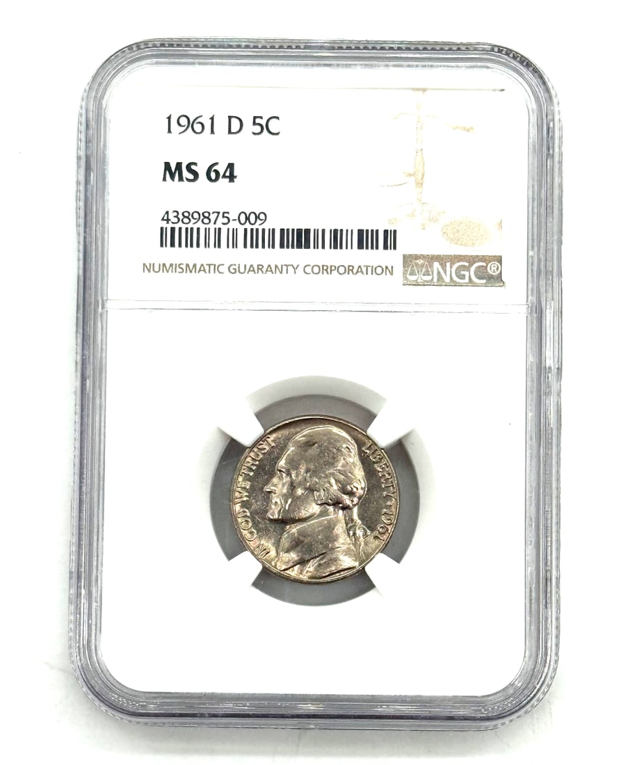 1961-D Jefferson Nickel 5C NGC MS64 Mint State | Certified US Coin: The product is a 1961-D Jefferson Nickel 5C certified by NGC as MS64 Mint State. This coin is uncirculated and from the United States. With a denomination of 5 cents, it features the iconic image of P