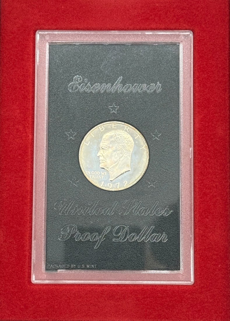 1972 Eisenhower Silver Proof Dollar (40% silver) in the original U.S. Mint brown: The 1972 Eisenhower Silver Proof Dollar is a highly sought-after coin due to its 40% silver composition and uncirculated status. Minted by the U.S. Mint in its original brown packaging, this $1 coin f
