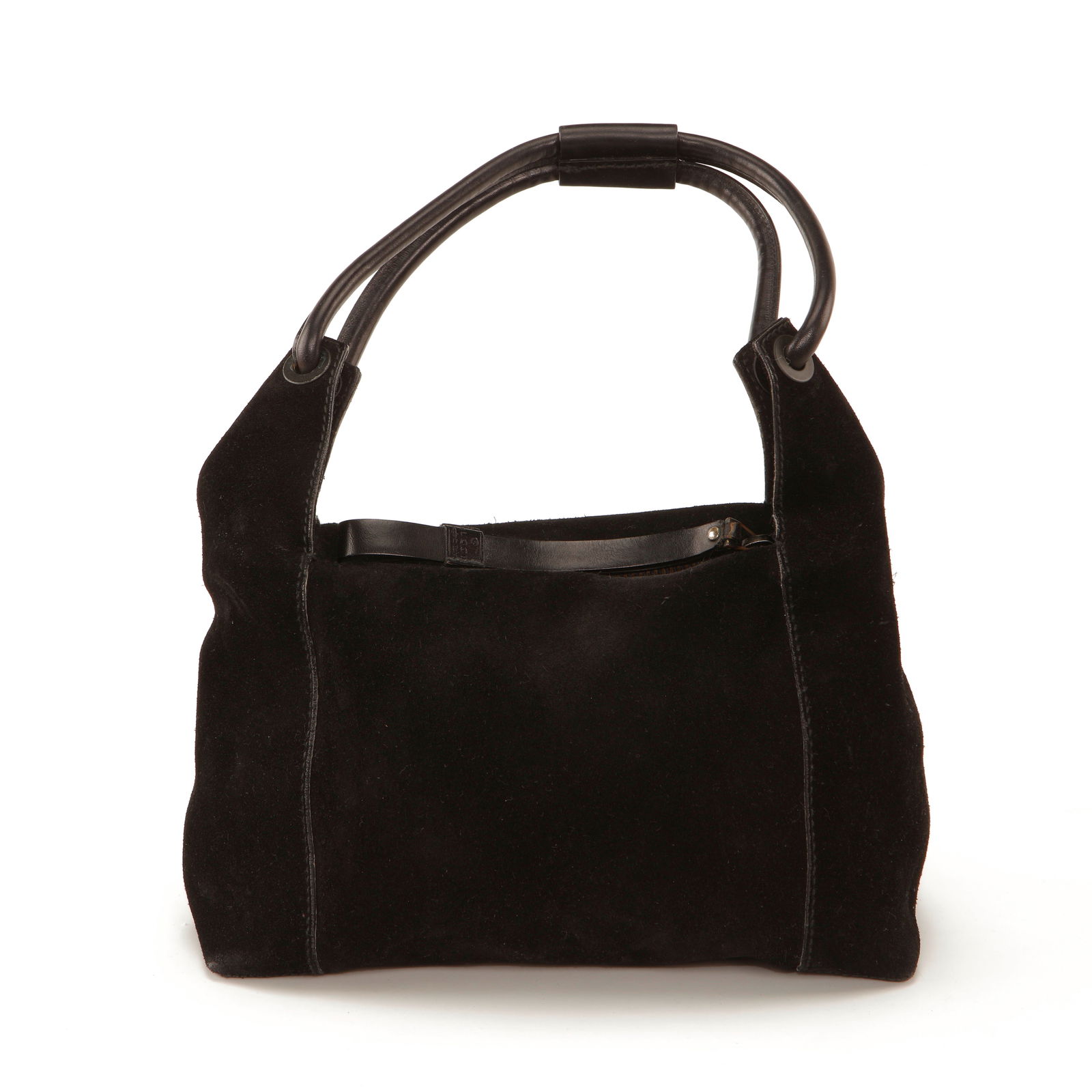 Gucci Brown Suede Leather Shoulder Bag: Elegant Gucci shoulder bag crafted in rich dark brown suede with smooth leather trim and dual rolled leather handles. The minimalist silhouette features a zip-top closure and a spacious interior suita