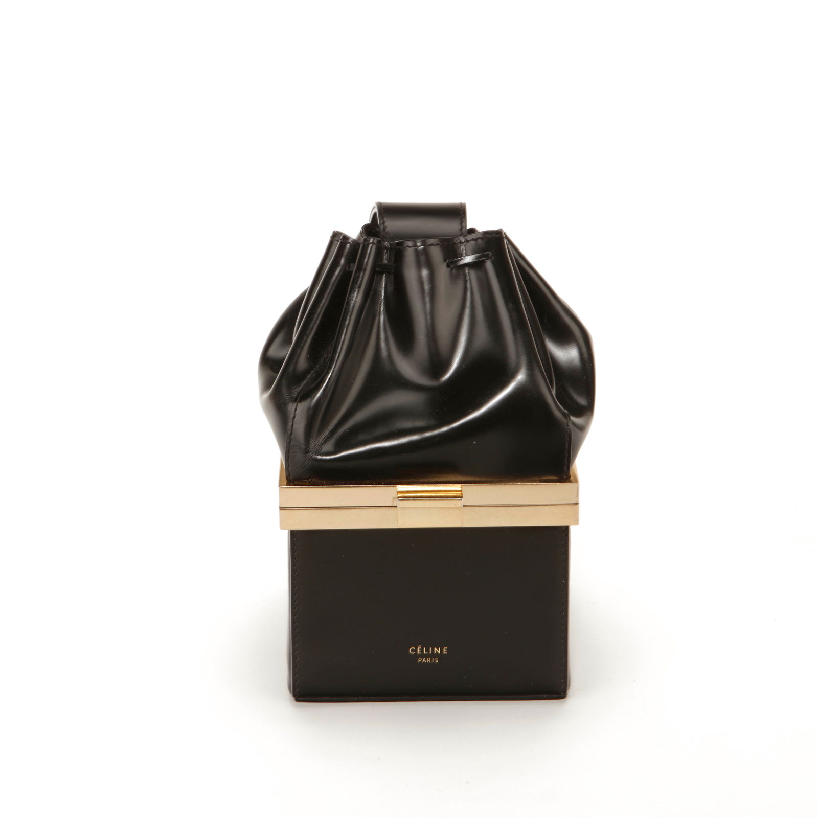 Celine Frame Evening Clutch with Leather Pouch – Black & Gold: Authentic Celine evening clutch featuring a structured gold-tone metal frame base with a soft black leather drawstring pouch top. This architectural design blends rigid structure with fluid leather
