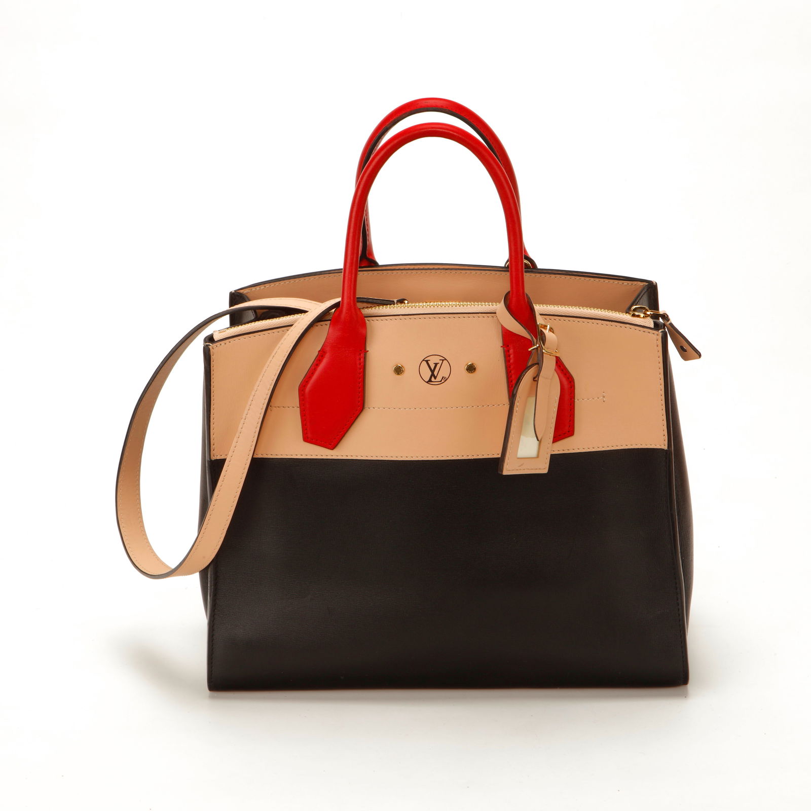 Louis Vuitton City Steamer MM Leather Top Handle Bag: Louis Vuitton City Steamer MM crafted in smooth calf leather with a sophisticated tricolor design in black, beige, and red. Features structured top handles, detachable shoulder strap, gold-tone hardwa
