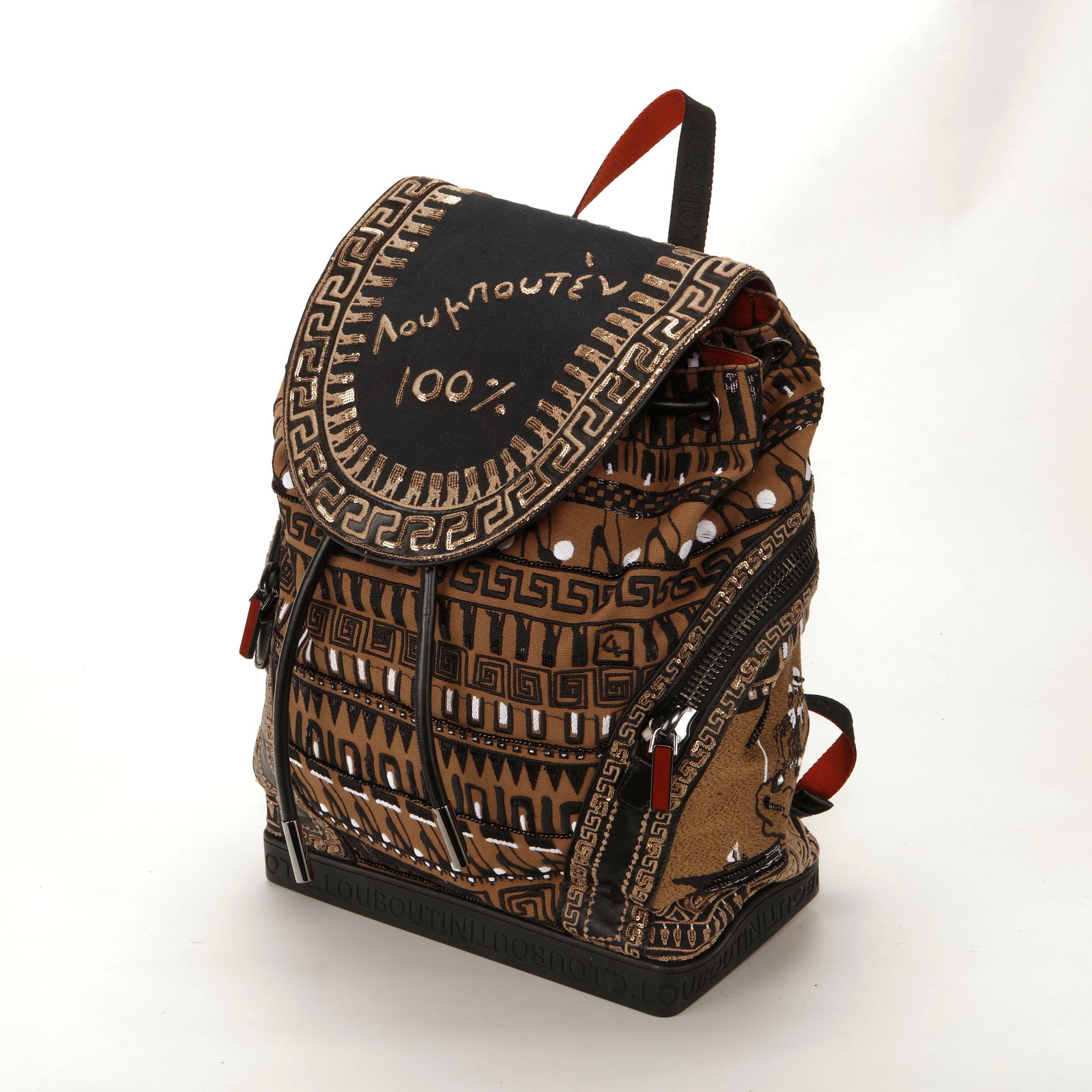 Christian Louboutin Explorafunk Printed Backpack: Christian Louboutin Explorafunk backpack crafted in multicolor printed canvas featuring bold graphic motifs and detail on the flap. Designed with a flap and drawstring closure, side zip pockets, adjus