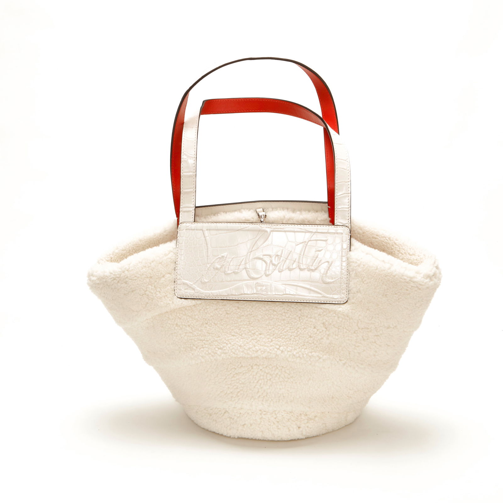 Christian Louboutin Loubishore Puffer Tote Bag: Christian Louboutin Loubishore tote crafted in quilted white technical fabric with an oversized silhouette. Features a glossy embossed “Louboutin” logo plaque across the front, wide shoulder s