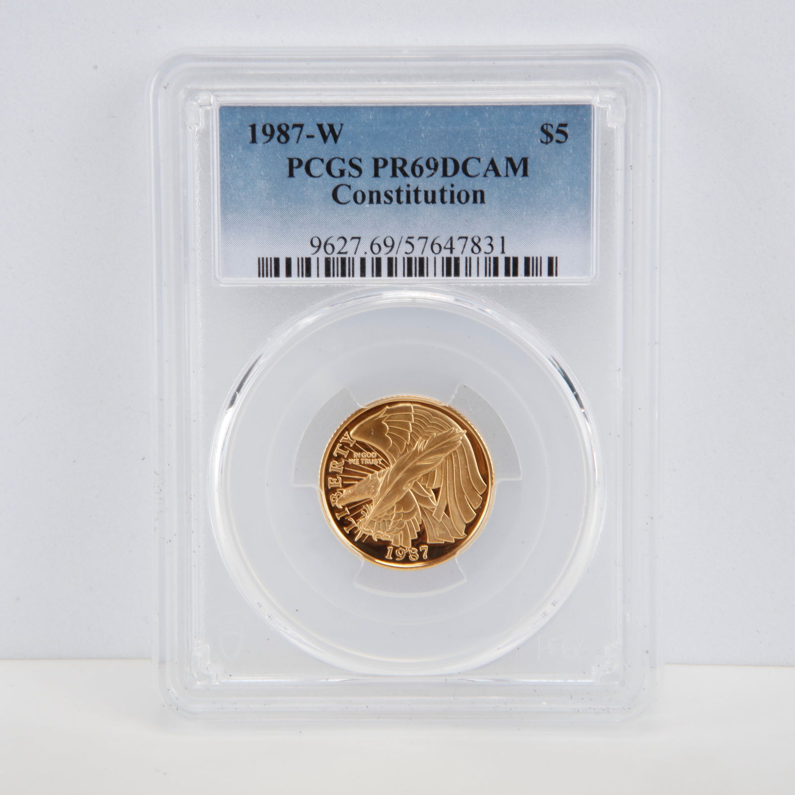 1987-W G$5 Constitution Gold Commemorative Graded by PCGS as PR-69 DCAM: 1987-W G$5 Constitution Gold Commemorative Graded by PCGS as PR-69 DCAMMinted in West Point, NYGraded by PCGS as PR-69 DCAMGreat US Gold Commemorative!