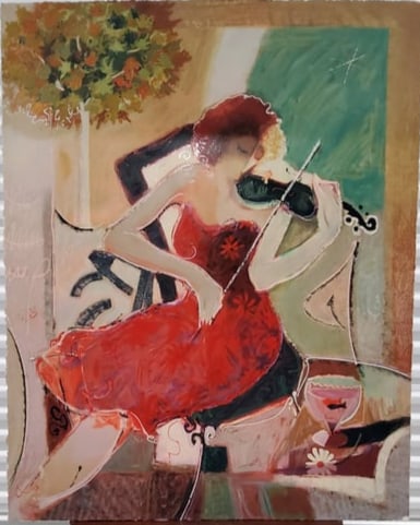 Painting of Woman Playing Violin Signed by Sabzi: Oil painting depicting a woman in a red dress seated while playing a violin. The artwork features a vibrant and abstract style with accompanying elements, such as a tree in the background and a glass 