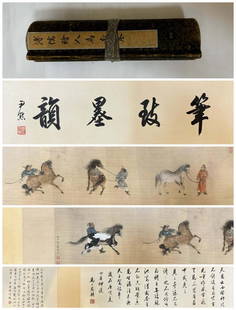 A picture scroll of people and horses painted by Puru: Pu Ru painted a picture scroll of people and horses Size:Total L: 310x32cm (The Dimensions Of All Batches Are Manually Measured.If You Need More Detailed Information, Please Contact Our Customer Servi