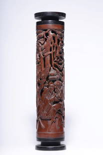 A piece of Qing Dynasty boxwood Panasonic Gaoshi incense tube: Qing Dynasty boxwood Panasonic Gao Shi incense tube ware is carved with boxwood core, the texture is clear and the incense tube adopts relief technique, Gao Shi rides a horse, the boy leads the way, t