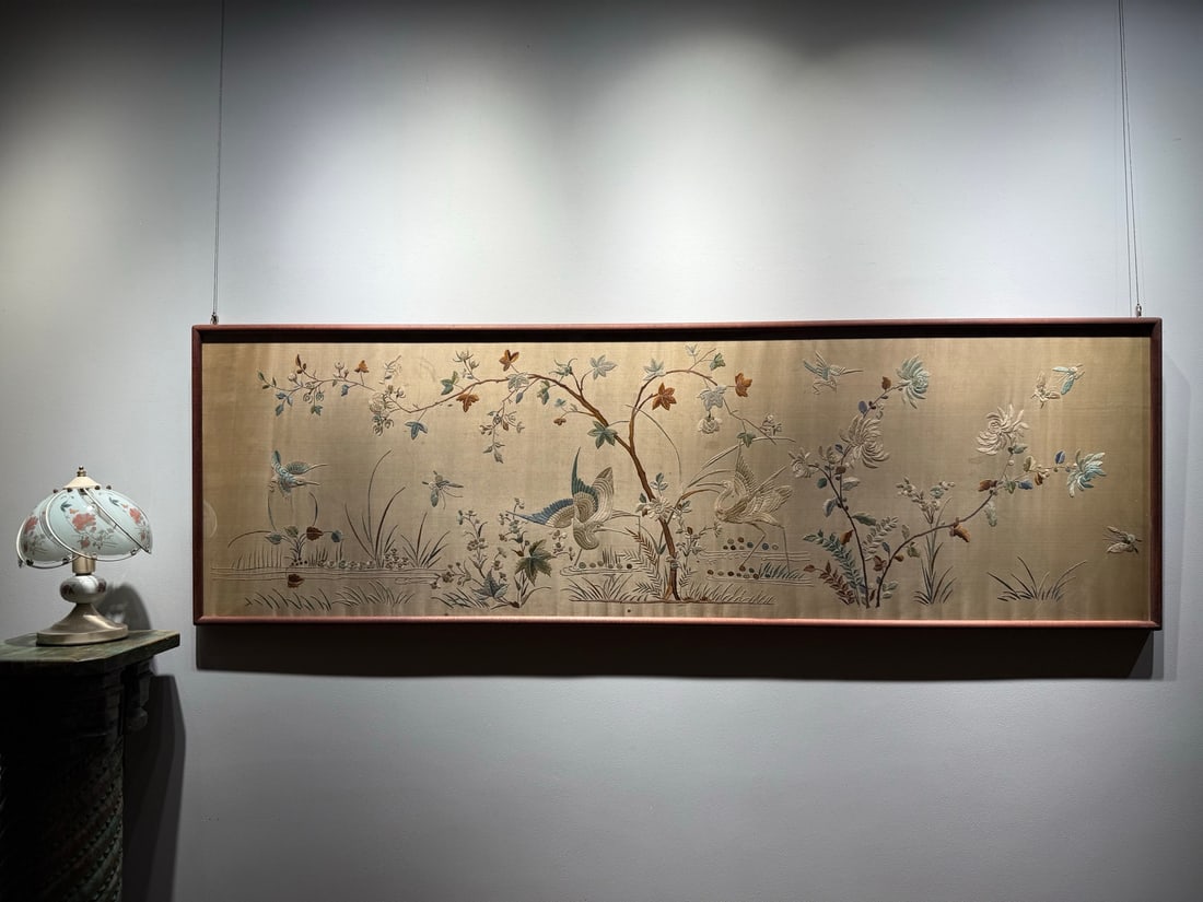 A late Qing Dynasty flower and bird Cantonese embroidery banner (1 of 9)