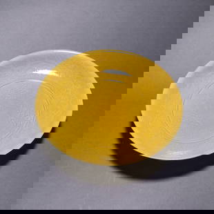 A piece of yellow glaze is engraved with auspicious moire plates: The yellow glaze is engraved with auspicious moire plates Size:H:5.1cm W:20cm (The Dimensions Of All Batches Are Manually Measured.If You Need More Detailed Information, Please Contact Our