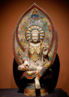 A piece of Northern Qi Han white marble painted Buddha full of painted Buddha statues: The white marble painted Buddha of the Northern Qi Dynasty is full of painted Buddha statues, and the craftsmanship is exquisite Size:H:118cm W:61cm T:43cm (The Dimensions Of All Batches Are Manually