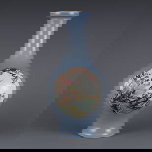 A piece of the Qing Dynasty Qianlong year of the sky blue glaze open light pastel pine crane: Qing Dynasty Qianlong year of the sky blue glaze open light pastel pine crane prolonging the year of the bottle Size:H:34.8cm MouthD:7.8cm (The Dimensions Of All Batches Are Manually Measured.If