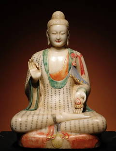 A piece of white marble painted Buddha statue of the Northern Qi Dynasty hand-painted Diamond Sutra: The white marble painted Buddha statue of the Northern Qi Dynasty is hand-painted with the Diamond Sutra, and the craftsmanship is exquisite Size:H:68cm W:45cm T:35cm (The Dimensions Of All Batches Ar