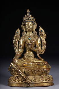 A Qing Dynasty bronze gilt turquoise green Tara seated statue: Qing Dynasty bronze gilt turquoise green Tara seated statue Size:H:15cm L:9cm W:7cm W:587g (The Dimensions Of All Batches Are Manually Measured.If You Need More Detailed Information, Please Contact Ou