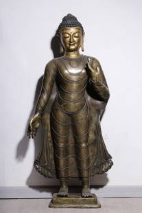 A Qing Dynasty alloy copper inlaid with silver statue of the Buddha: Qing Dynasty alloy copper inlaid silver Buddha statue Size:H:106cm L:51cm W:17cm W:31kg (The Dimensions Of All Batches Are Manually Measured.If You Need More Detailed Information, Please Contact Our C