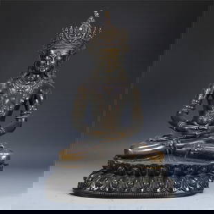 A Qing Dynasty red sandalwood bronze inlaid silver longevity Buddha statue: Qing Dynasty red sandalwood copper inlaid silver longevity Buddha statue Size: 46x33x25cm W:10.5kg (The Dimensions Of All Batches Are Manually Measured.If You Need More Detailed Information, Please Co