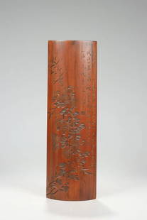 A piece of bamboo carving poems and flowers from the Qing Dynasty: Bamboo carving poems and flower arm rests of the Qing Dynasty L:27.5cm W:8.5cm W:147g (The Dimensions Of All Batches Are Manually Measured.If You Need More Detailed Information, Please Contact Our Cus