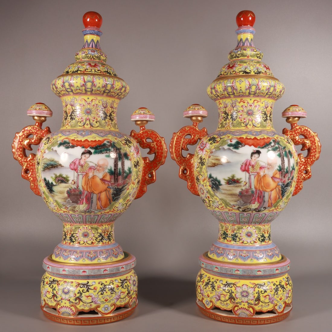 A piece of Qing Dynasty Qianlong year made enamel color yellow ground entwined branch lotus open: Qing Dynasty Qianlong year made enamel color yellow ground entwined branch lotus open window Magu dedication to longevity amphora Size: H:45cm Belly D:16cm (The Dimensions Of All Batches Are Manually