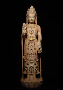 A piece of white marble of the Northern Qi Dynasty is painted with gold Guanyin: Northern Qi Han white marble gilt painted Guanyin H:100cm W:28cm T:25cm (The Dimensions Of All Batches Are Manually Measured.If You Need More Detailed Information, Please Contact Our Customer Service