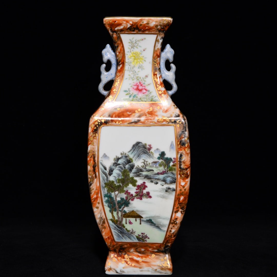 A piece of the Qing Dynasty Qianlong year made wood grain glaze open light pastel landscape pattern: Qing Dynasty Qianlong year made wood grain glaze open light pastel landscape pattern amphora Size: H:25.5cm D:10cm (The Dimensions Of All Batches Are Manually Measured.If You Need More Detailed Inform