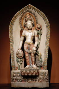 A piece of Ming Dynasty white marble painted Guanyin: Ming Dynasty white marble painted Guanyin H:1mW:55cm T:28cm (The Dimensions Of All Batches Are Manually Measured.If You Need More Detailed Information, Please Contact Our Customer Service Before Biddi