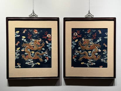 A pair of Qing Dynasty robes and material plates with gold embroidery "Double Dragon Playing Pearls": Qing Dynasty Robe Material Plate Gold Embroidery "Double Dragon Playing Pearl" 63.5x55cm (The Dimensions Of All Batches Are Manually Measured.If You Need More Detailed Information, Please Contact Our