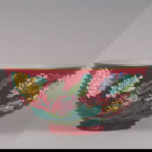 A large bowl with carmine enamel color lotus pattern made in the Qianlong year of Qianlong in the: Qing Dynasty Qianlong year of the Jiuwan mountain house style rouge ground enamel color lotus pattern bowl Size: H:8.8cm Mouth D:19.5cm (The Dimensions Of All Batches Are Manually Measured.If You Need