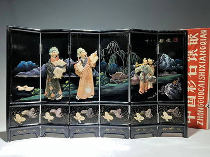 A piece of exquisite lacquer painted inlaid with jade and stone painted character story "Eighteen: Exquisite lacquer painting, inlaid with jade, painted character story, "Eighteen Phases Sent", six screens, all with original cartons Size: Whole:H:30cm W:48.5cm T:11cm (The Dimensions Of All Batches
