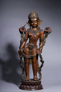 A Qing Dynasty bronze clay gold lacquer color holding lotus Guanyin standing statue: Qing Dynasty bronze clay gold lacquer color holding lotus Guanyin standing statue Size: H:53cm L:24cm W:16.5cm W:8127g (The Dimensions Of All Batches Are Manually Measured.If You Need More Detailed In