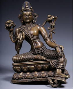 A seated statue of Tara Tara from the Qing Dynasty: Seated statue of alloy patina Tara from the Qing Dynasty Size: H:11.5cm L:8cm W:6cm W:533g (The Dimensions Of All Batches Are Manually Measured.If You Need More Detailed Information, Please Contact Ou