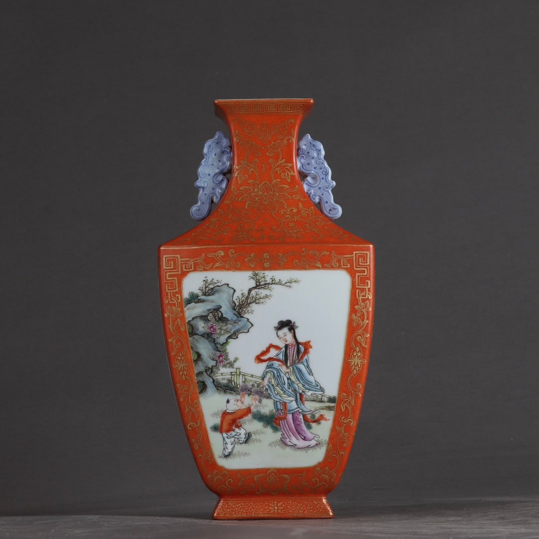 A pastel coral red gilded window opening figure poetry amphora made in the Qianlong period of the: Qing Dynasty Qianlong year pastel coral red gilded window opening figure poetry amphora square bottle SIZE: H:22.2cm Belly D:11.5cm (The Dimensions Of All Batches Are Manually Measured.If You Need Mor