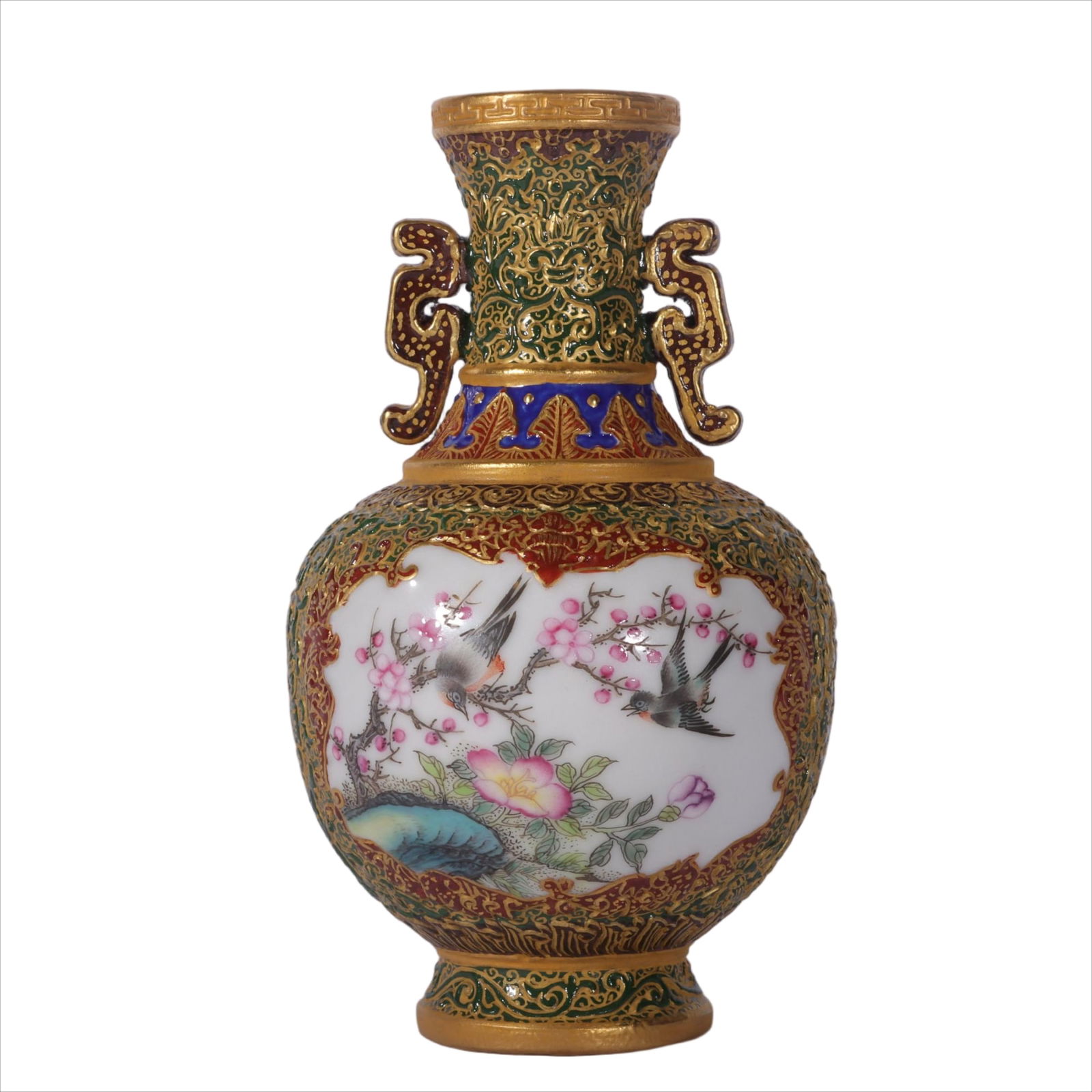 A Qing Dynasty Qianlong year enamel green carved gold-painted window flower and bird amphora: Qing Dynasty Qianlong year enamel green carved gold-painted window flower and bird amphora SIZE: H:13.6cm Mouth D:3.3cm Belly D:7.6cm Bottom:4cm (The Dimensions Of All Batches Are Manually Measured.If